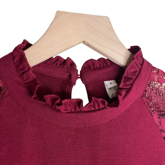 EXLURA Women’s Lace Sleeve Mini Dress Ruffle High Neck Dress Flowy Wedding Guest - Picture 2 of 13